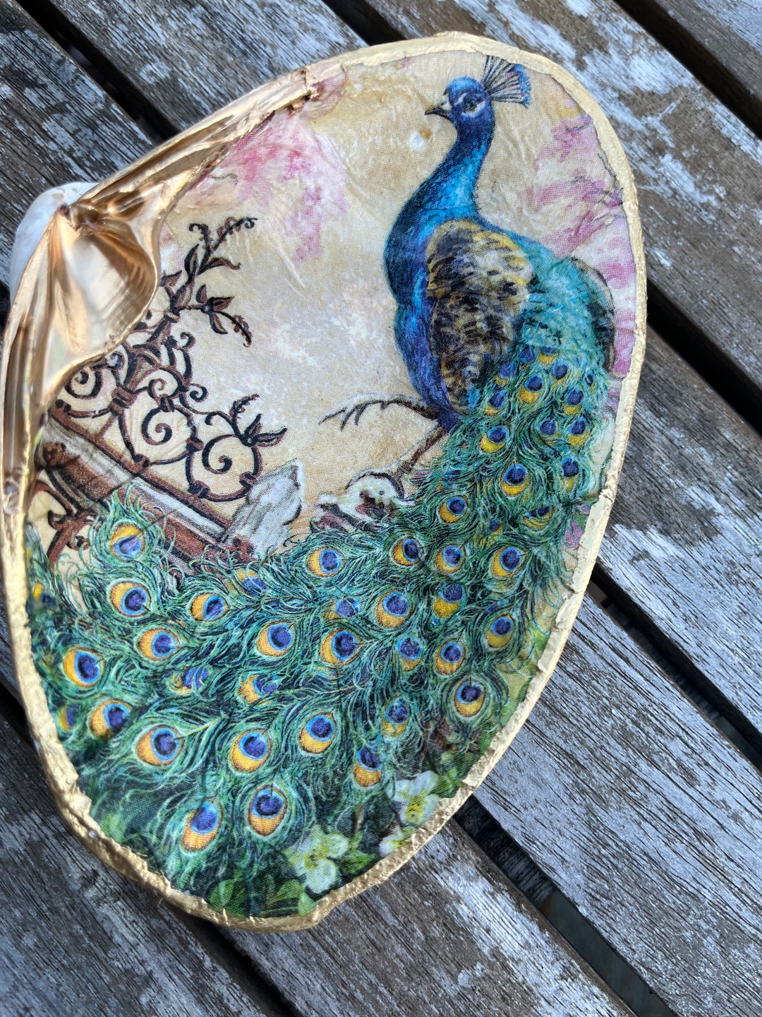 Decoupaged Shell Jewelry Dishjewelry Dish, Shell Dish, Peacock, Large