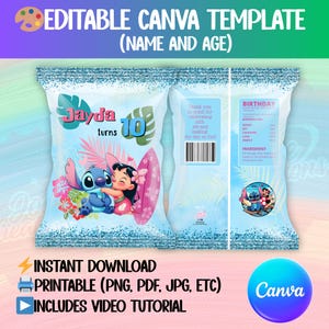 Lilo and Stitch Chip Bag Template – Stitch Party favors Editable Printable Canva Snack Label – Instant Download Digital Party Favor