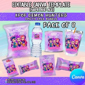 Op de afbeelding: Een feestpakketbundel met het thema KPOP Demon Hunters. De set bevat verschillende items zoals een chipszak, een waterfles, een sapzakje en snoepverpakkingen. De tekst "Samantha's 7th Birthday!" is zichtbaar. Het Canva-logo is ook aanwezig.