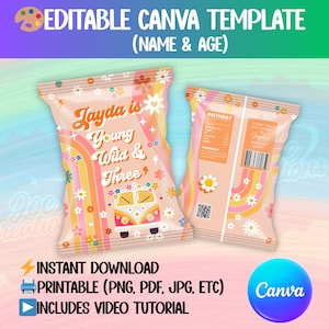 May include: A Canva template for a birthday party favor bag design. The design features a retro-style bus, rainbows, and flowers. Text includes "Jayda is Young Wild & Three" and "Instant Download". The bag is peach-colored with a floral pattern.
