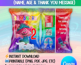 Trolls Birthday Chip Bag Template – Editable Printable Canva Snack Label – Instant Download Digital Party Favor