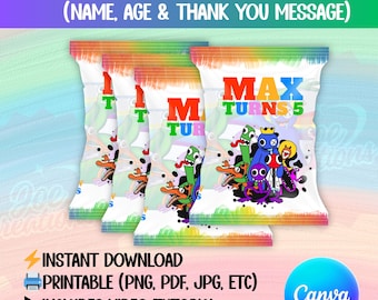 Rainbow Friends Birthday Chip Bag Template – Editable Printable Canva Snack Label – Instant Download Digital Party Favor