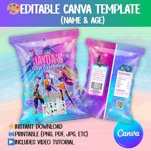 May include: A vibrant, editable Canva template for a birthday party. The design features a colorful K-Pop theme with the text "JAVDA'S 10th Birthday!" and "KPOP DEMON HUNTERS." Includes instant download options for PNG, PDF, JPG, and video tutorial.