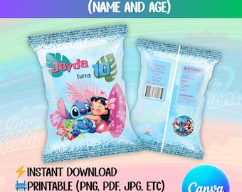 Plantilla de bolsa de papas fritas de Lilo y Stitch: Recuerdo de fiesta editable (Canva, descarga digital)