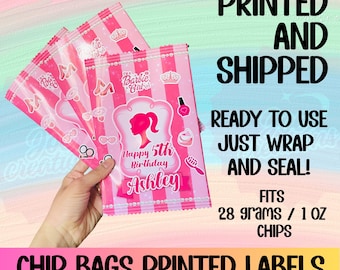 Custom Printed Barbie Chip Bag Labels – Barbie Birthday Party Favor – Fits 28g / 1 oz Chip Bags – Physical Product – Shipped