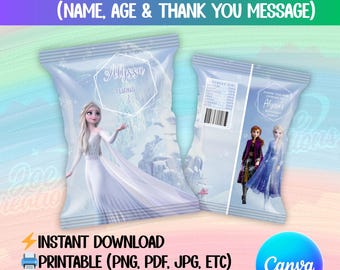 Etiqueta para bolsa de papas fritas de Elsa Frozen 2: Recuerdo de fiesta editable (Plantilla de Canva de descarga digital)