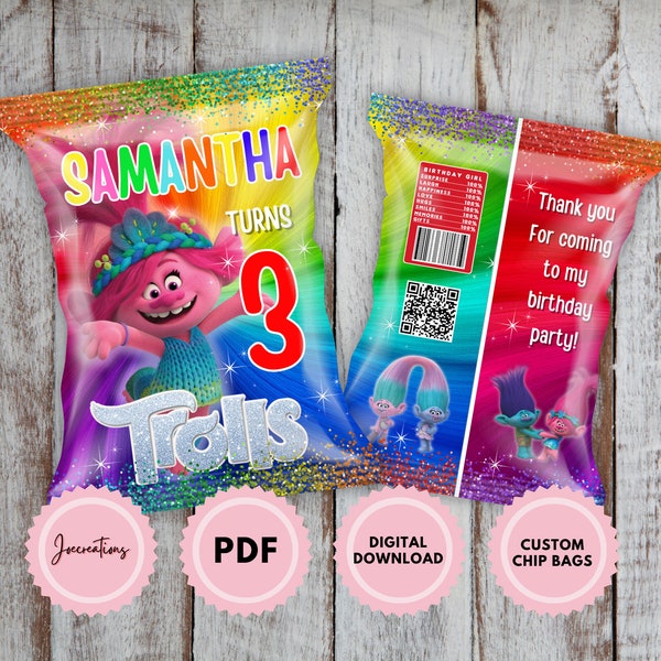 Trolls Birthday, Princess Poppy Chip Bag Label, Printable Snack Label, Trolls Chip Bags, Digital Download