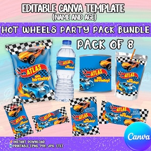 Può includere: Un pacchetto di feste Hot Wheels con un tema di auto da corsa blu e arancioni. Il pacchetto include vari articoli come sacchetti per snack, etichette per bottiglie d'acqua e una bustina di succo, tutti con il nome "Atlas" e "5° compleanno!". Il logo Canva è visibile.