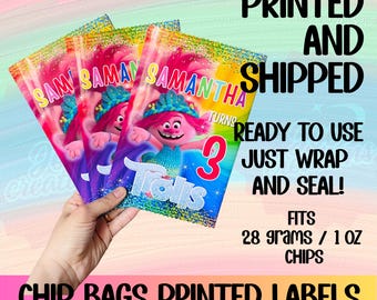 Custom Printed Trolls Chip Bag Labels – Trolls Birthday Party Favor – Fits 28g / 1 oz Chip Bags – Physical Product – Shipped