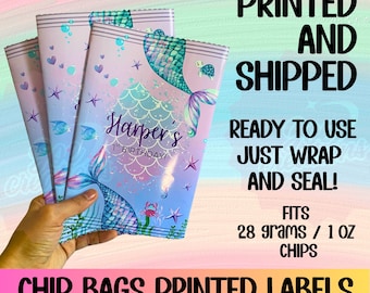 Custom Printed Mermaid Chip Bag Labels – Mermaid Birthday Party Favor – Fits 28g / 1 oz Chip Bags – Physical Product – Shipped
