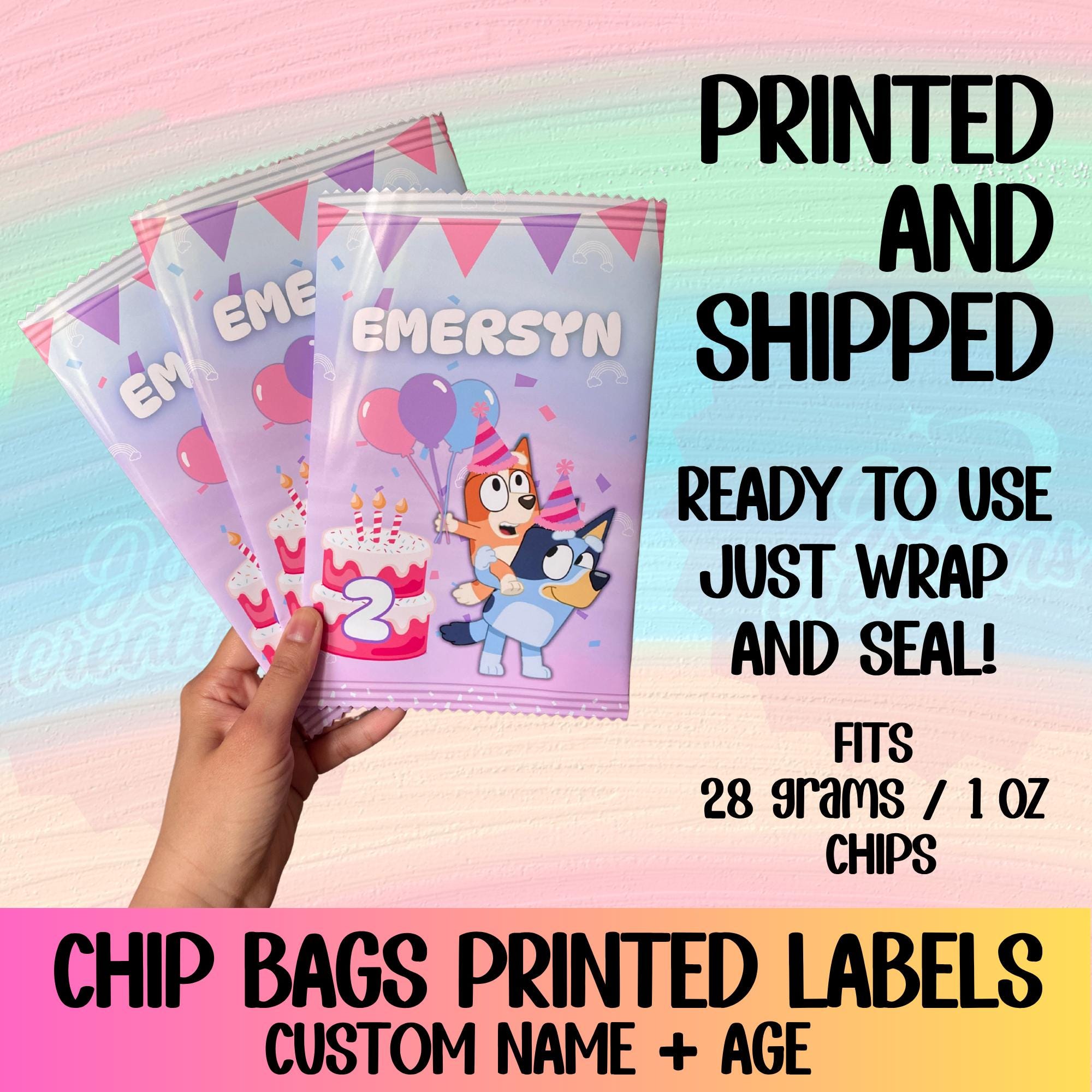 Custom Printed Bluey Chip Bag Labels – Bluey Birthday Party Favor – Fits 28g / 1 oz Chip Bags – Physical Product – Shipped
