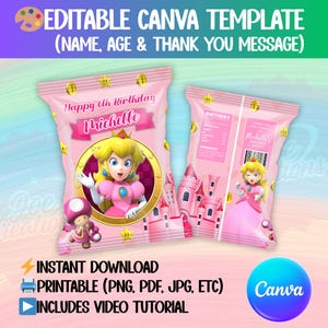 Modelo de sacolinha de salgadinhos da Princesa Peach: lembrancinha editável do Super Mario (download digital do rótulo do Canva)