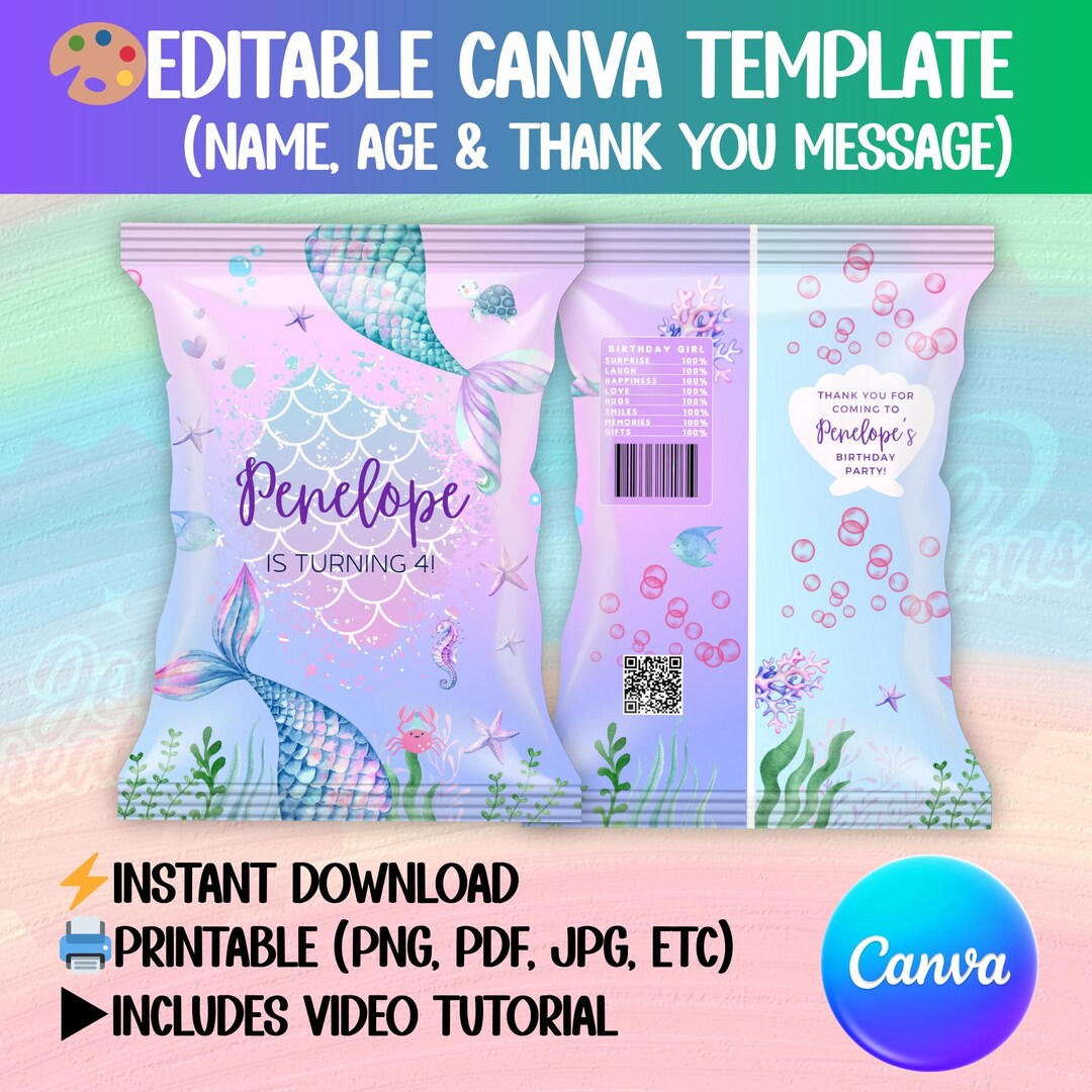 Mermaid Birthday Chip Bag Template: Under the Sea Party Favor (editable ...