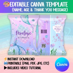 Mermaid Birthday Chip Bag Template: Under the Sea Party Favor (Editable Canva, Digital Download)
