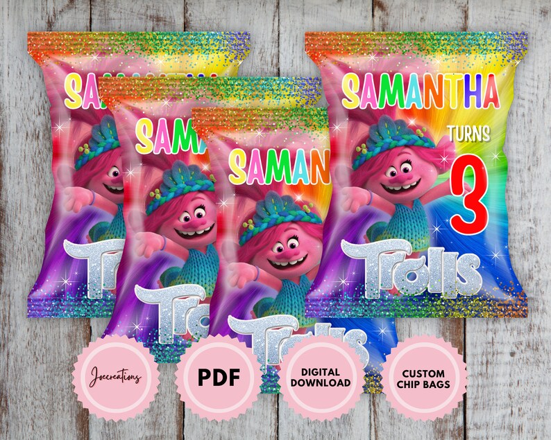 Trolls Birthday, Princess Poppy Chip Bag Label, Printable Snack Label ...