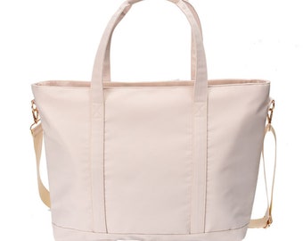 Beige Nylon Tote Bag: Large Everyday Carry-All with Zip