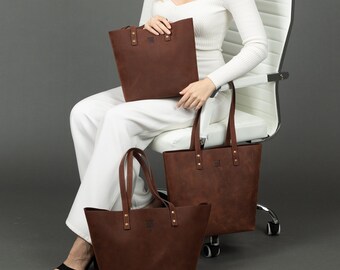 Set di borse tote in pelle realizzate a mano - Varietà di dimensioni - Alta qualità per l'uso quotidiano, borse in pelle da donna, borsa grande