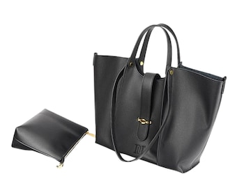 Large Leather Tote Bag with Golden Buckle - Women's Work Handbag