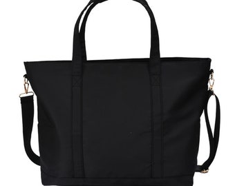 Large Black Nylon Tote Bag: Travel Shoulder Purse with Adjustable Strap