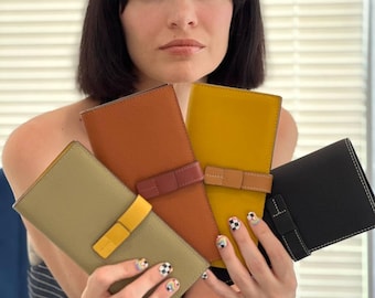 Leather Women&#39;s Wallets with RFID Blocking, Buckle Multi-Card Slot Women&#39;s Wallet Card Bag Integrated Wallet, Long Lychee Pattern Wallet