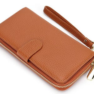 Cartera de mano para mujer, de piel auténtica, larga, sencilla, con clip para billetes