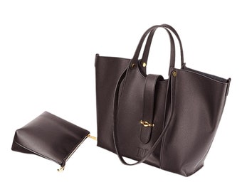 Women&#39;s Large Leather Tote with Buckle Closure - Top Handle Tote Bag in Large Size, Leather Handbag, women&#39;s handbag for work