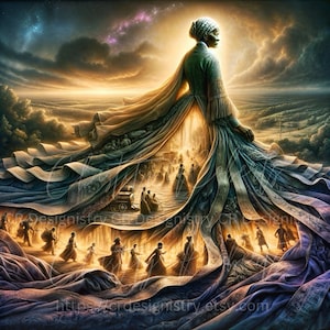 May include: Digital art depicting a woman in a green dress and head covering, with her flowing gown revealing a landscape with figures. The artwork features a warm color palette with golden and blue hues, and a dramatic sky.