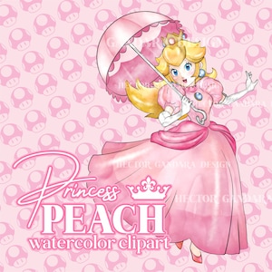 Clipart princess peach, Peach Watercolor PNG, Princess peach watercolor, princesa peach estilo acuarela