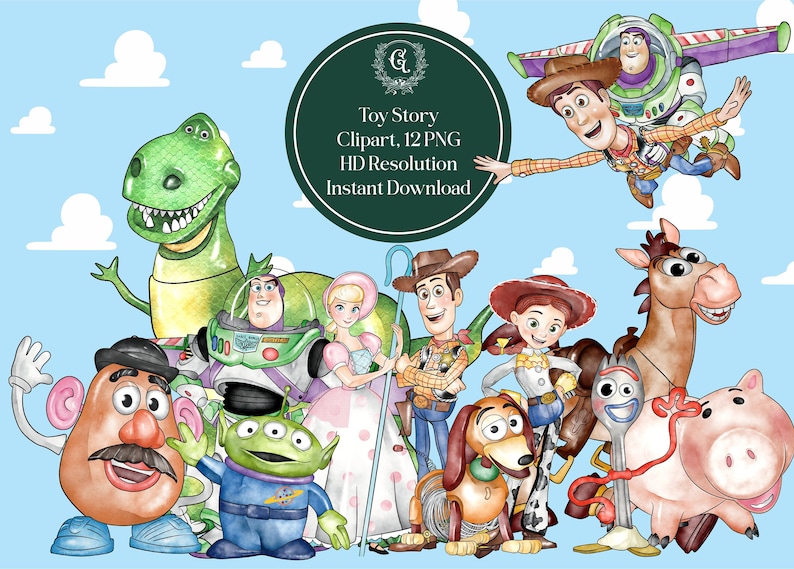 May include: A watercolor illustration of characters from the Toy Story movie franchise. The characters include Woody, Buzz Lightyear, Jessie, Rex, Mr. Potato Head, Slinky Dog, Bullseye, and Hamm. The illustration is set against a blue sky with white clouds.