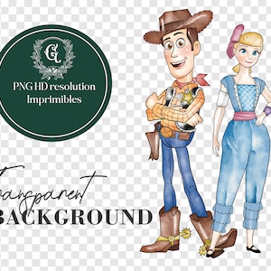 May include: A watercolor illustration of Woody and Jessie from Toy Story. Woody is wearing his signature cowboy hat, vest, and jeans. Jessie is wearing a blue dress with a red sash and a pink bow in her hair.