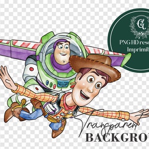 May include: Woody and Buzz Lightyear from Toy Story are flying through the air. Woody is wearing his signature cowboy hat and vest, while Buzz is in his green and purple space ranger suit. They are both smiling and appear to be enjoying their flight.
