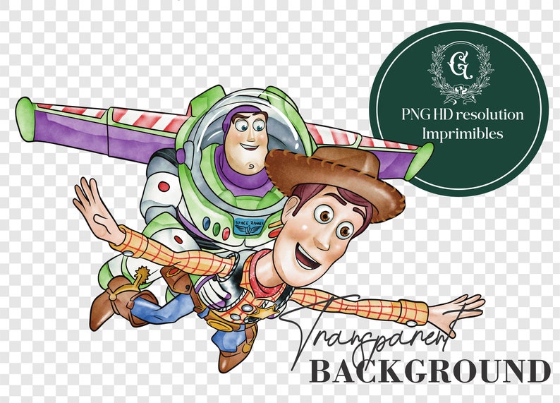 May include: Woody and Buzz Lightyear from Toy Story are flying through the air. Woody is wearing his signature cowboy hat and vest, while Buzz is in his green and purple space ranger suit. They are both smiling and appear to be enjoying their flight.