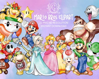 Super Mario bros printable PNG, luxury watercolor Mario clipart, Princess Peach Clipart, png crafter