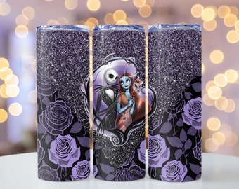 Jack och Sally Fuskglitter och Rosor Tumbler Wrap PNG
