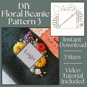 Könnte beinhalten: Ein DIY-Muster für eine Blumenmütze mit einer Nahaufnahme einer grünen Mütze mit gestickten Blumen und einem Logo. Das Muster ist in drei Größen erhältlich und beinhaltet ein Video-Tutorial. Der Text "@LoveJeanAndRose" ist ebenfalls auf dem Bild zu sehen.