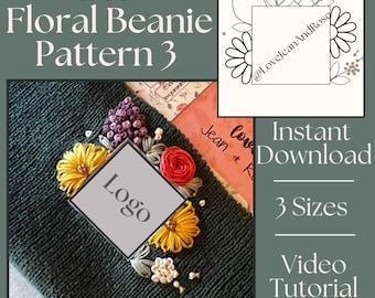 DIY Floral Beanie Embroidery Pattern Instant Download 3 sizes Printable Stick and Stitch Hand Embroidery Hat PDF Adult Youth Toddler Beanie