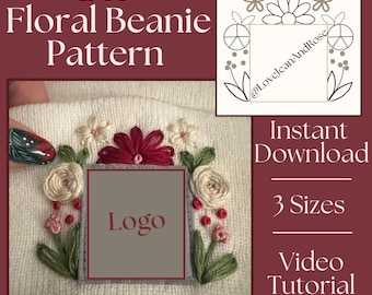 DIY Floral Beanie Embroidery Pattern Instant Download 3 sizes Printable Stick and Stitch Hand Embroidery Hat PDF Adult Youth Toddler Beanie