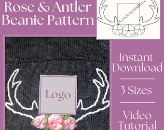 Antler & Roses Beanie PDF Embroidery Pattern Instant Download 3 sizes Printable Stick And Stitch Hand Embroidery Hat PDF Adult Youth Deer