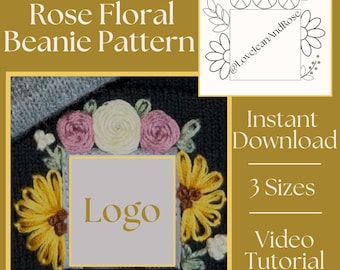 DIY Floral Beanie Roses Embroidery Pattern Instant Download 3 sizes Printable Stick and Stitch Hand Embroidery Hat PDF Adult Youth Toddler