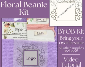 DIY Floral Beanie Kits Embroidered Beanie Printable Stick and Stitch Design Hand Embroidery Hat Pattern Stick and Stitch Kit Clothing