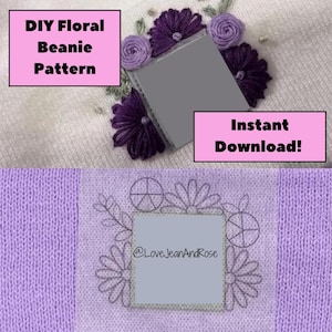 May include: DIY Floral Beanie Pattern - Instant Download. A close-up of a purple and white knitted beanie with a floral design. The beanie is on a white background. The text "DIY Floral Beanie Pattern" is in pink text on a white background. The text "Instant Download!" is in pink text on a white background.