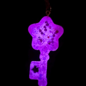 Hot Pink Glow in the Dark Gold Necklace, Iridescent Shaker Key