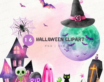 Halloween Clipart Set: Watercolor Spooky PNG Images (Digital Download)