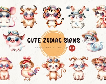 Cute Chinese Zodiac Clipart,Zodiac Clipart ,Zodiac PNG,Horoscope Clipart,12 Chinese Zodiac signs,Chinese New Year Zodiac Animals