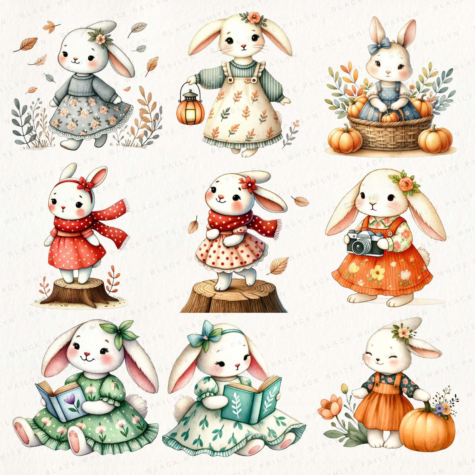 Adorable Watercolor Rabbit Clipart Set, Cute Bunny Illustrations for ...