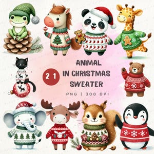 Adorable Christmas Animals Clipart | 21 PNG Designs in Christmas Sweaters | Festive Cute Animals for Crafts, Cards, Sublimation