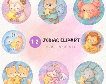 Watercolor Zodiac Clipart Bundle: Astrology Animals PNG (Digital Download 300 DPI)