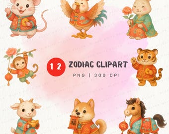 12 Chinese Zodiac Animal Clipart PNG Set, Cute Lunar New Year Zodiac Animals Illustration Bundle