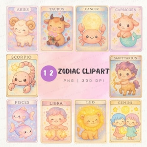 Lot de 12 cliparts zodiaque mignon de 12 fichiers PNG avec astrologie animaux Style aquarelle en téléchargement numérique 300 DPI signe astrologique, carte de tarot