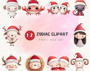 Paquete de imágenes prediseñadas del zodiaco navideño: conjunto PNG de astrología de Santa (descarga digital de 300 DPI)